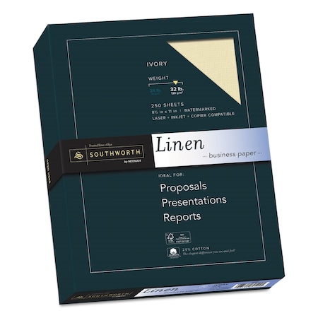 Southworth Linen Business Paper, 32 lb Bond Weight, 8.5 x 11, Ivory, PK250 J568C